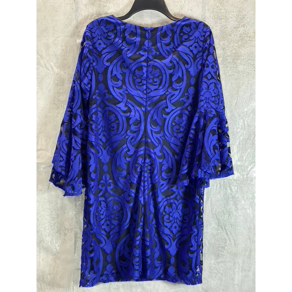 MSK Women's Petite Blue Embroidered Mesh Overlay 3/4 Bell Sleeve Sheath Dress