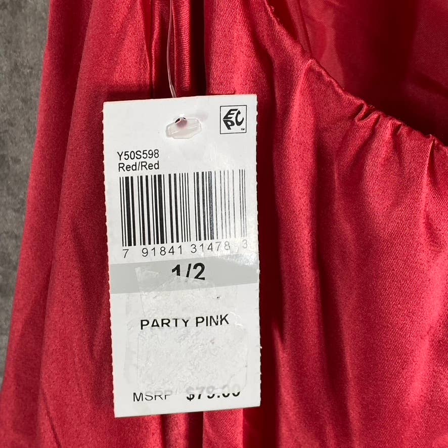 B. DARLIN Juniors' Crimson Red Satin V-Neck Lace-Back Pocketed Mini Dress SZ 1/2