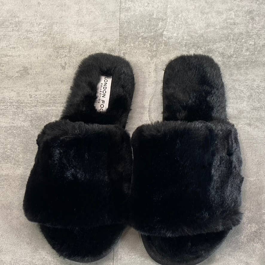 LONDON FOG Women's Black Faux-Fur Lilly Round-Toe Slide Flat Slippers SZ 8