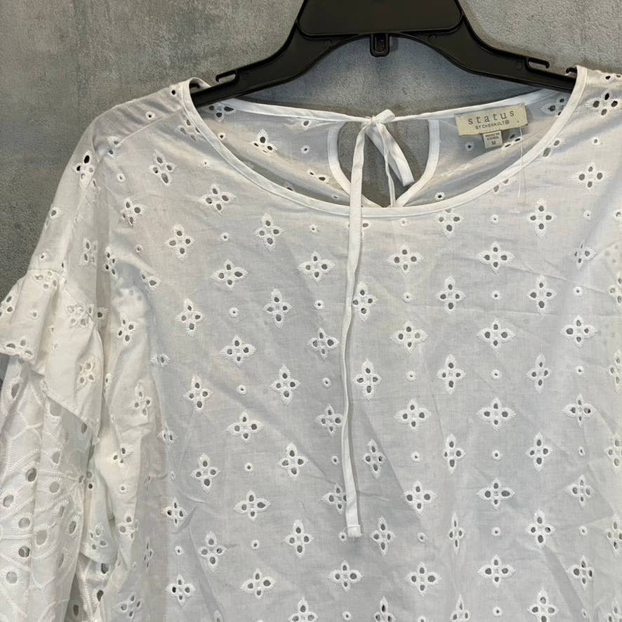 STATUS BY CHENAULT Women's White Eyelet Round Neck 3/4 Puff Sleeve Top SZ M