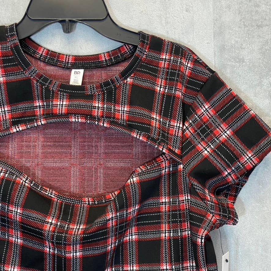 BP. Women's Black-Red Aurora Plaid Crewneck Cutout Short Sleeve Top SZ XL