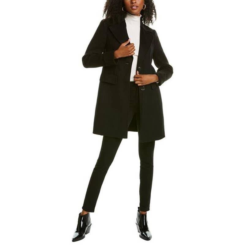 TAHARI Black Wool Blend Anna Ribbed Sleeve Notch Collar Coat SZ S