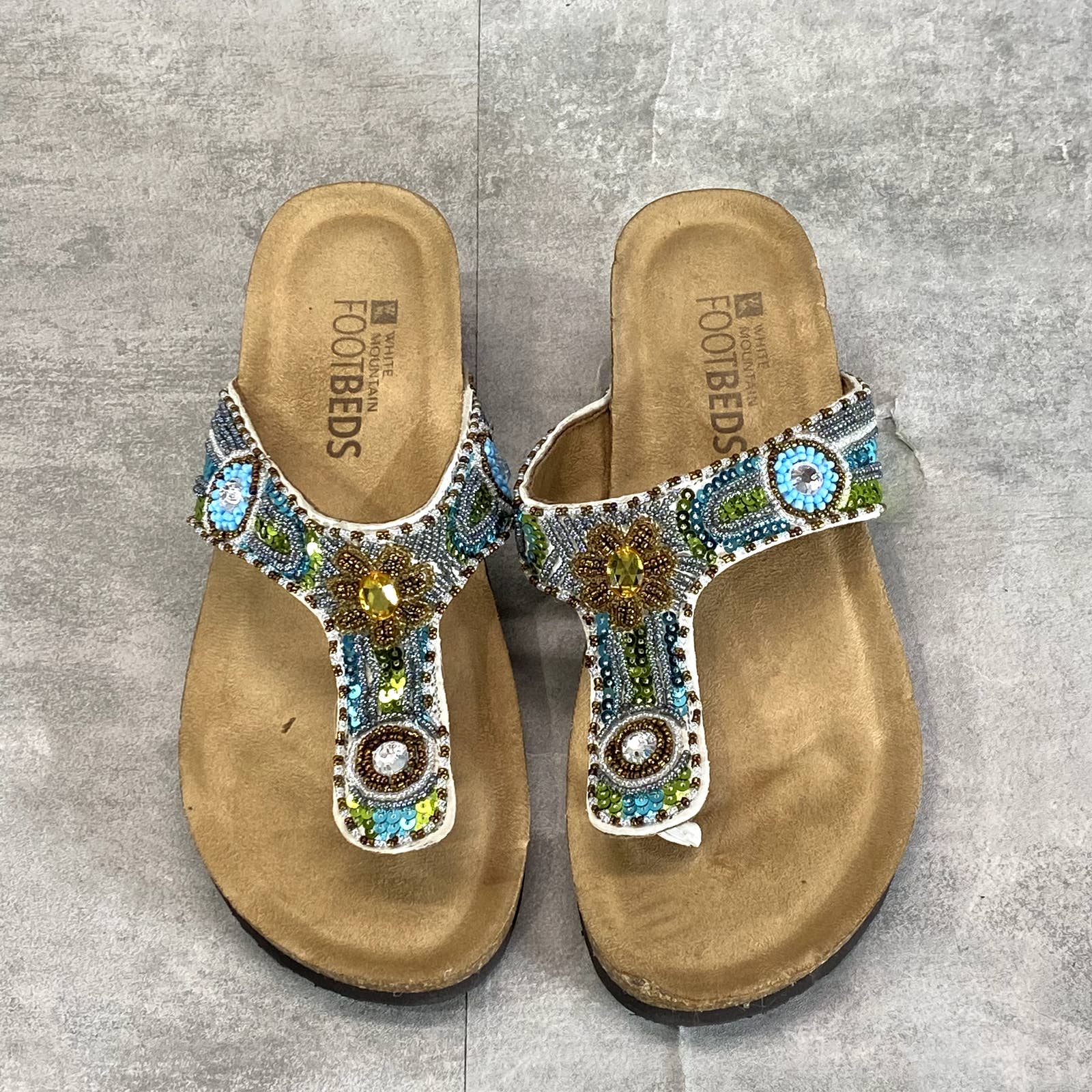 WHITE MOUNTAIN Women's Beige Beaded Bluejay Wedge Slip-On Thong Sandals SZ 6