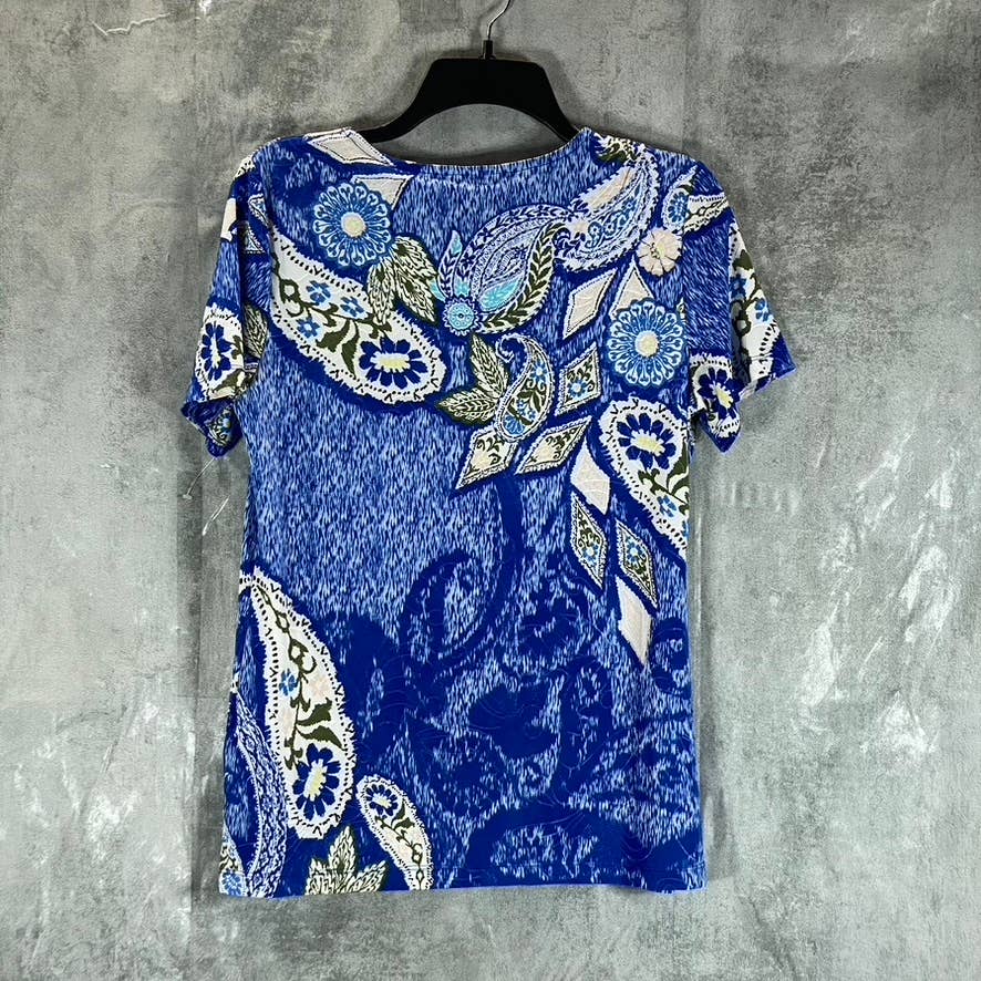 JM COLLECTION Women's Blue Printed Jacquard Knit Scoop-Neck Short-Sleeve Top SZS