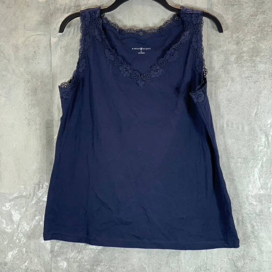 KAREN SCOTT Women's Intrepid Blue Cotton Scoop-Neck Scalloped-Lace Tank Top SZ L