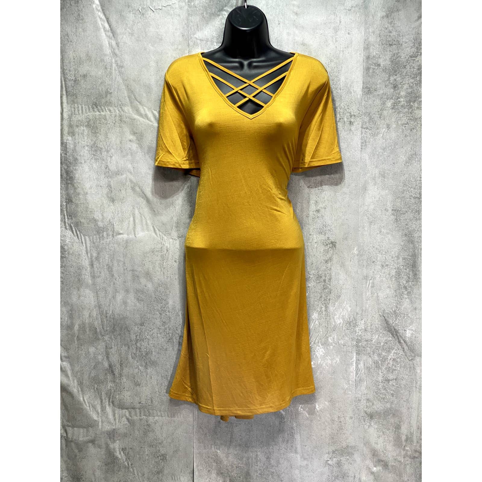 24SEVEN COMFORT APPAREL Mustard Criss Cross Neckline Short Sleeve T-Shirt Dress SZ L