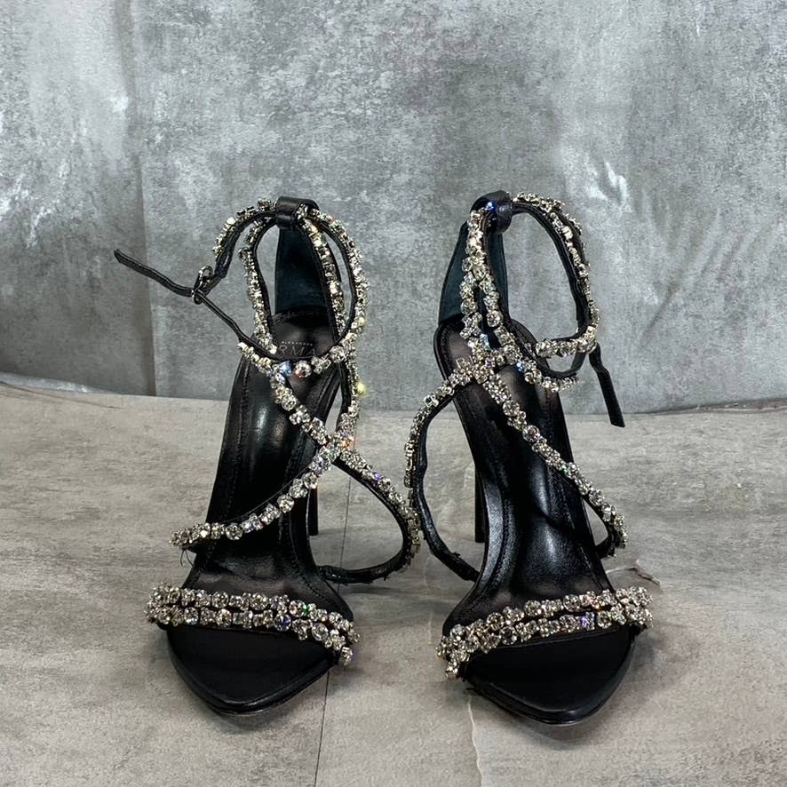 ALEXANDRE BIRMAN Women's Black Leather Demi Crystals Stiletto Sandals SZ 5 (35)