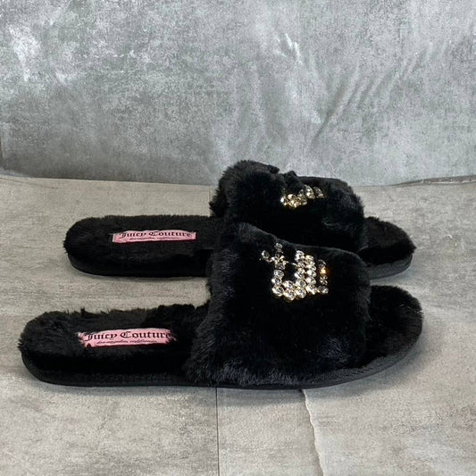 JUICY COUTURE Women's Black Faux-Fur Gwenno Crown Memory Foam Slide Slippers SZ7