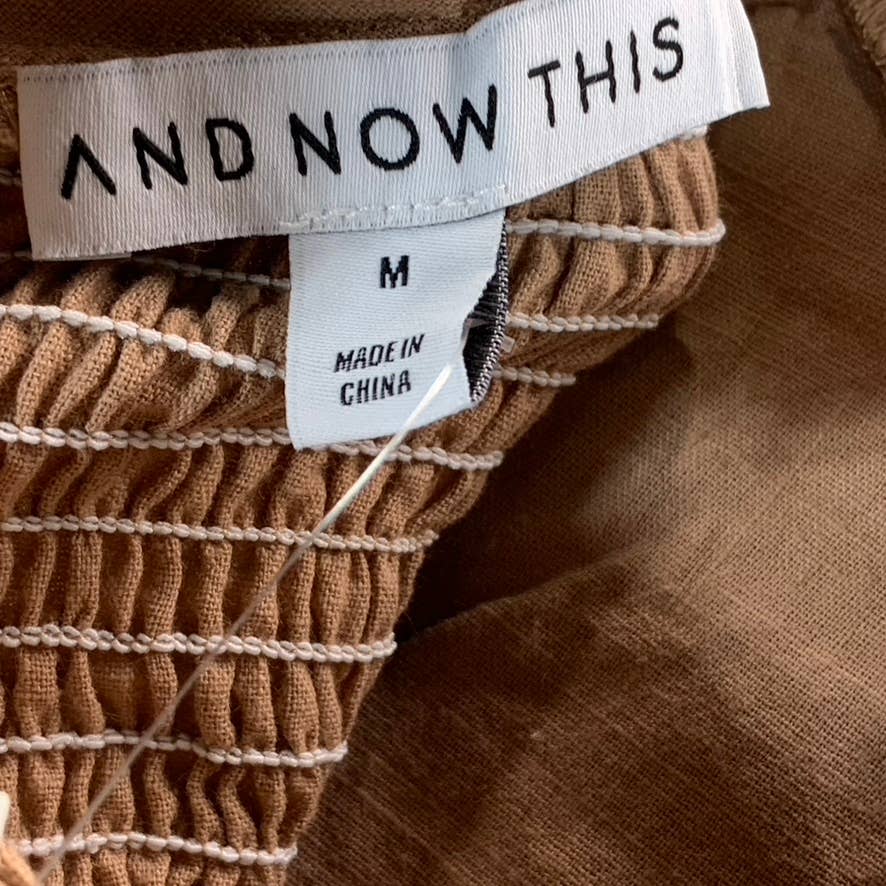 AND NOW THIS Women's Almond Crewneck Sleeveless Tie-Waist Smocked Back Top SZ M