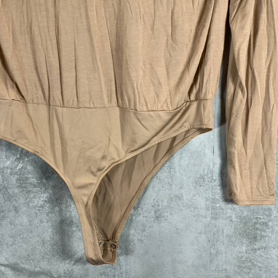 JEANNIE MAI X INC Women's Champagne Nude Cowl-Neck Long-Sleeve Bodysuit SZ L