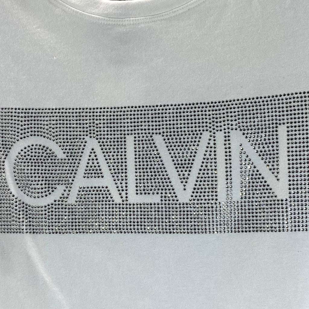 CALVIN KLEIN Women's White Logo Embellished Crewneck Short Sleeve T-Shirt SZ XS