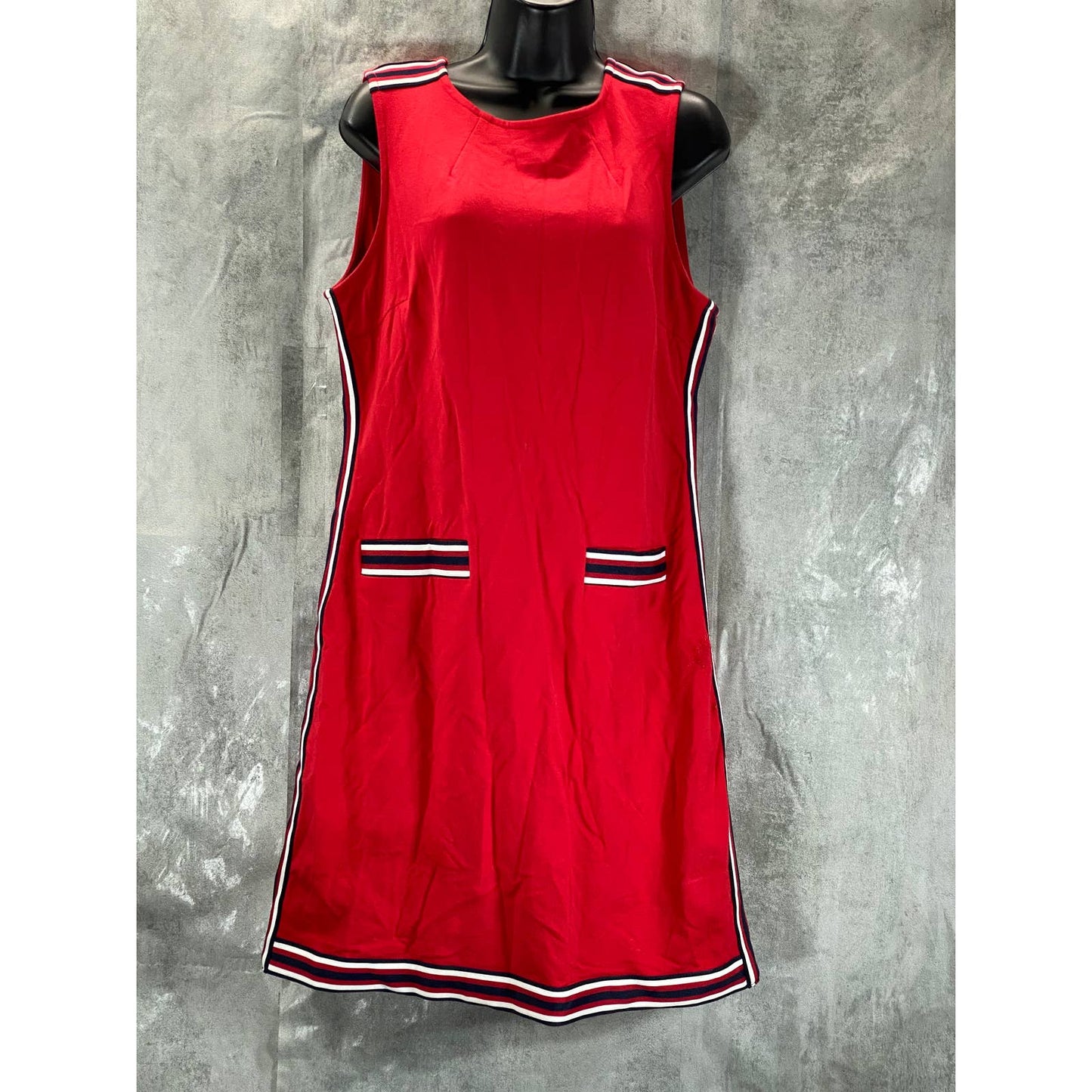 TOMMY HILFIGER Women's Scarlet Striped-Trim Sleeveless Shift Mini Dress SZ M