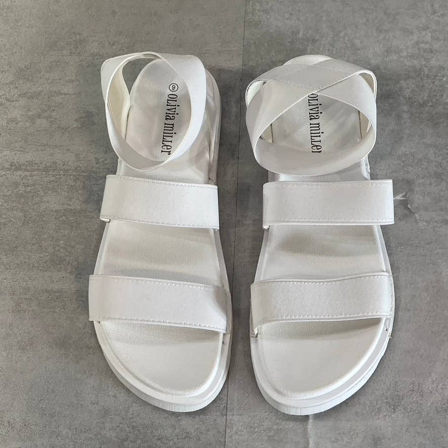 OLIVIA MILLER Women's White Nicola Stretchy Ankle Strap Slide Flat Sandals SZ 9