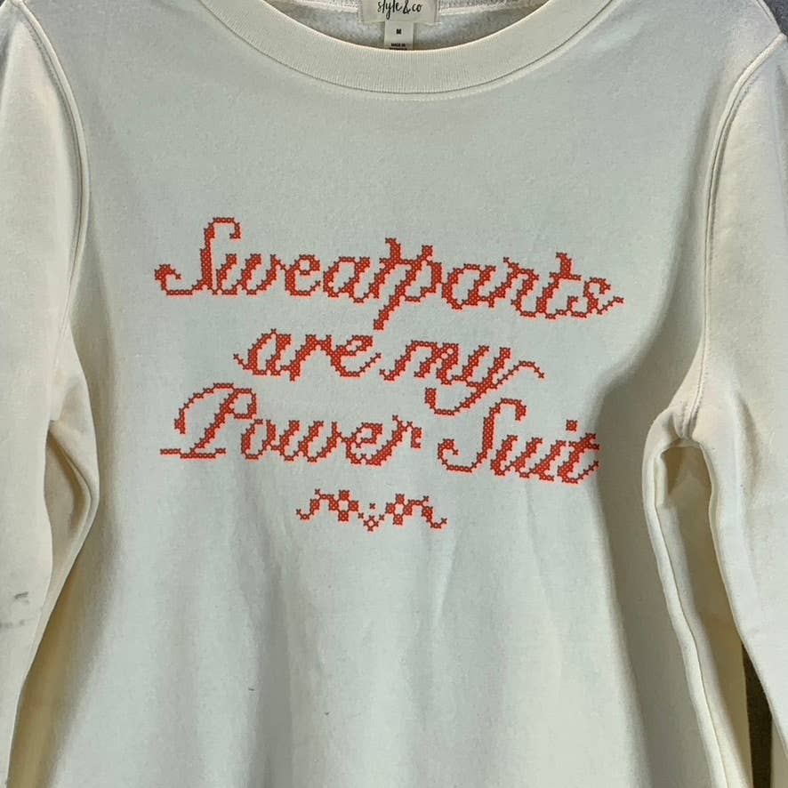 STYLE & CO Women's Antique Cream Ribbed Crewneck Graphic Pullover Sweatshirt SZM