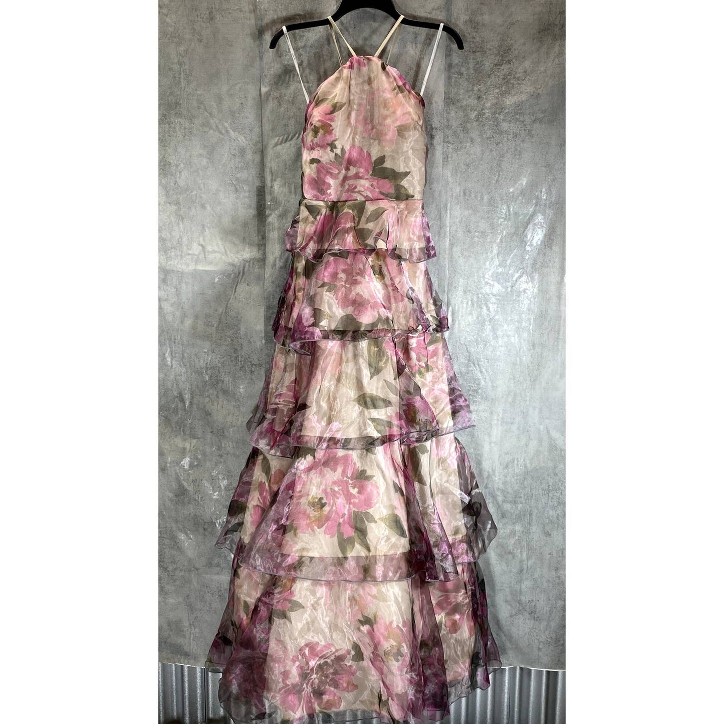 SPEECHLESS Juniors' Grey-Fuchsia Organza Floral-Print Tiered Halter Dress SZ 13