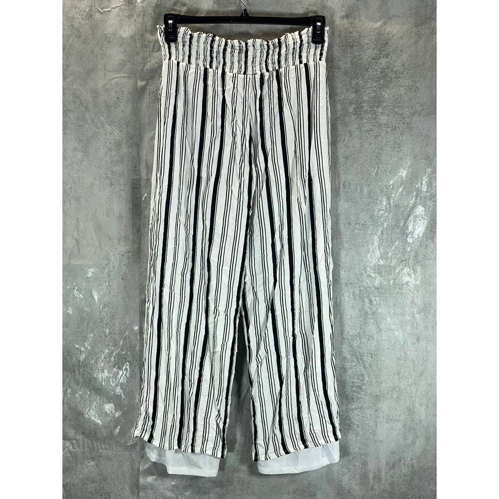 INC Women's Black/White Striped Crinkle Wide-Leg Drawstring Pants SZ M