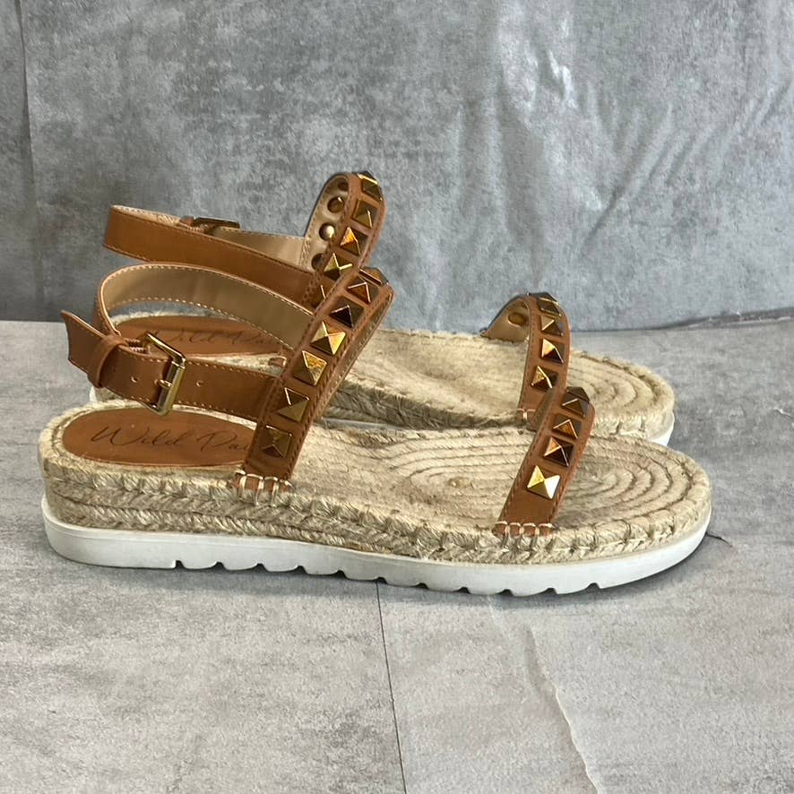 WILD PAIR Women's Cognac Studded Yelenah Ankle-Strap Slide Espadrille Sandals