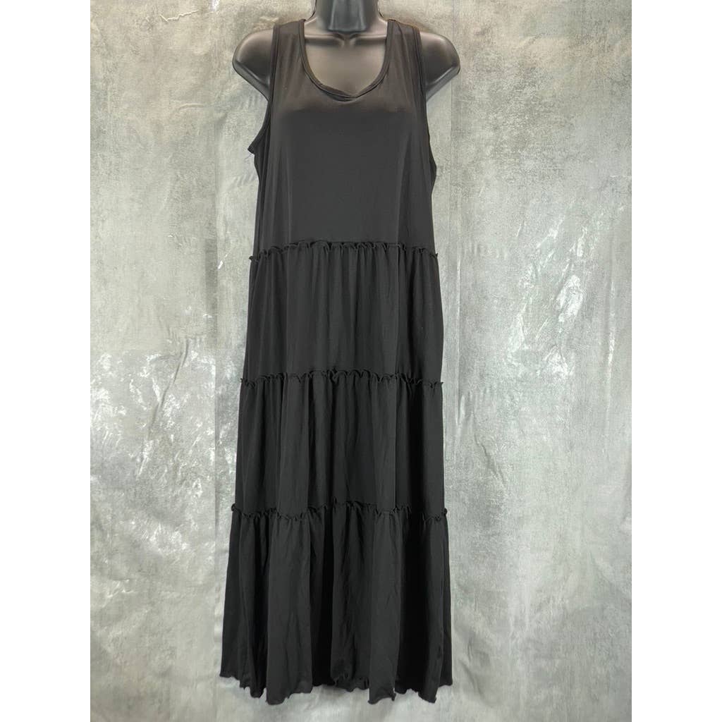 WHITE MARK Women's Black Scoop-Neck Sleeveless Tiered Midi Pocket Dress SZ L