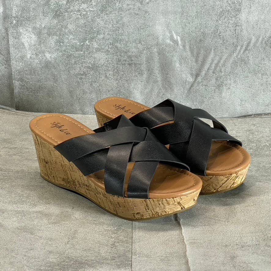 STYLE & CO Women's Black Smooth Violettee Slide Wedge Platform Sandals SZ 6