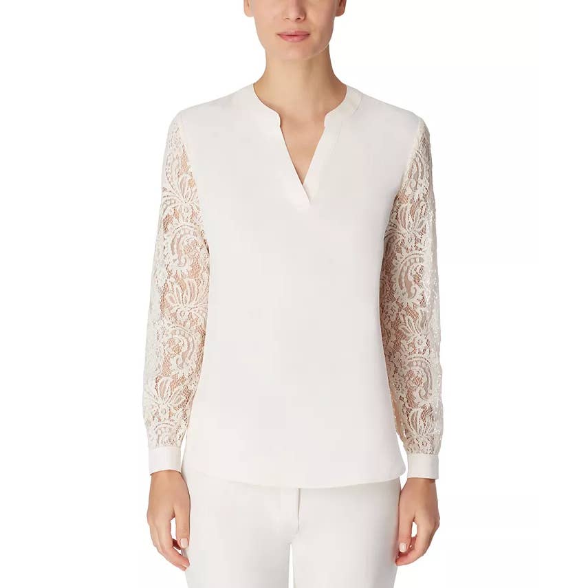 ANNE KLEIN Women's White Spilt-Neck Lace-Sleeve Top SZ M