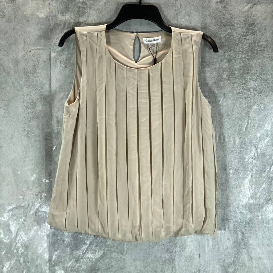 CALVIN KLEIN Women's Solid Khaki Pleated Neck Sleeveless Top SZ S