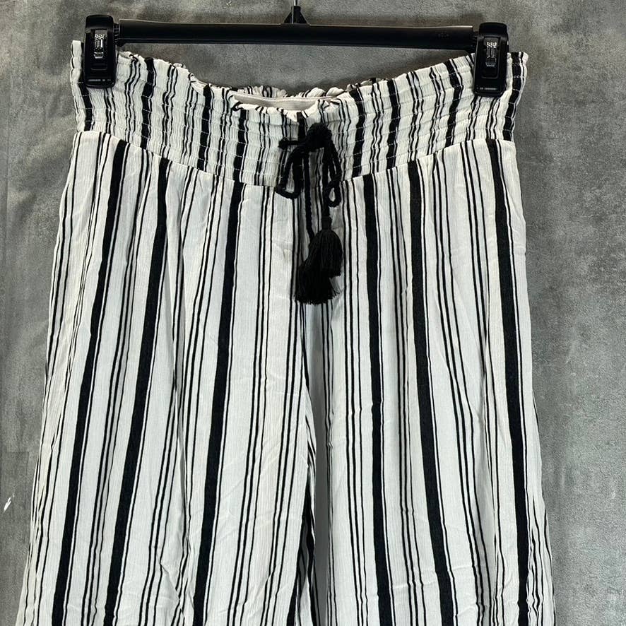 INC Women's Black/White Striped Crinkle Wide-Leg Drawstring Pants SZ M