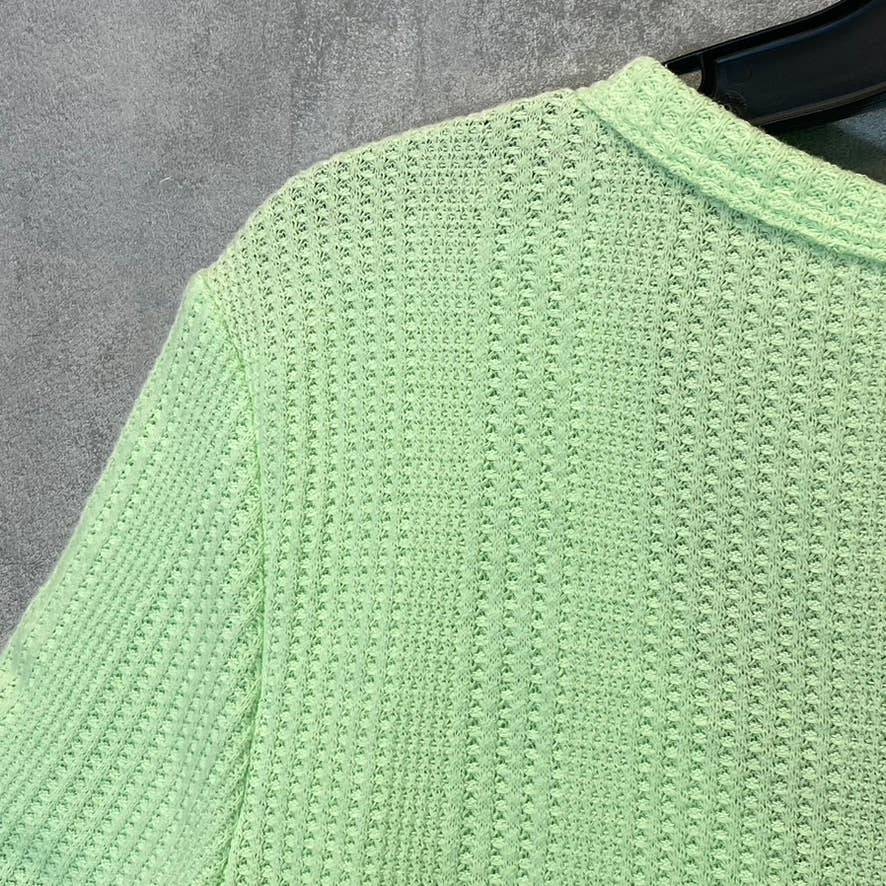 ELODIE Women's Neon Green Waffle Knit Short Sleeve Scoop Neck Button-Up Crop Top SZ XL