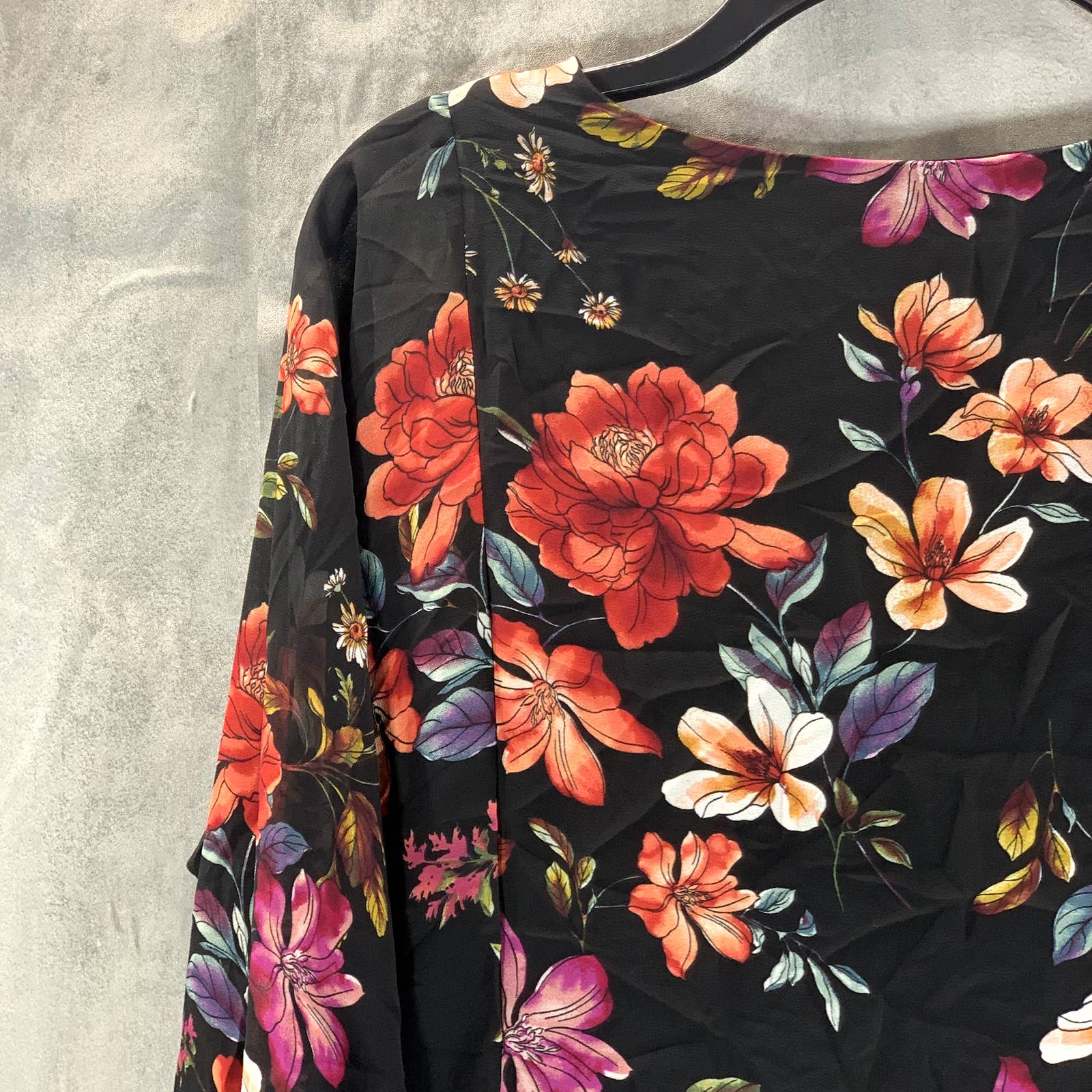 VINC CAMUTO Women's Rich Black Floral-Print Scoop-Neck Long-Sleeve Top SZ XS