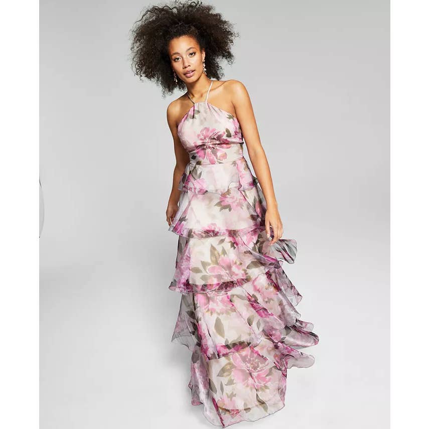 SPEECHLESS Juniors' Grey-Fuchsia Organza Floral-Print Tiered Halter Dress SZ 13