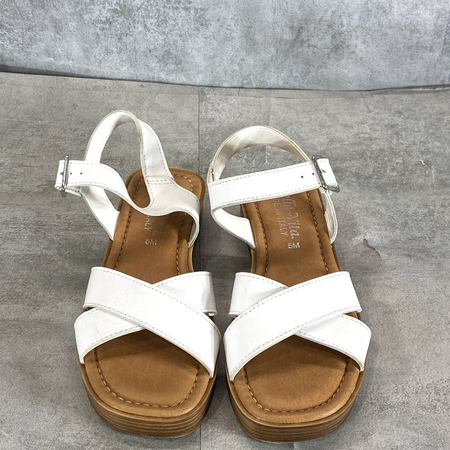 BELLA-VITA Women's White Leather Car-Italy Wedge Ankle-Strap Sandals SZ 5