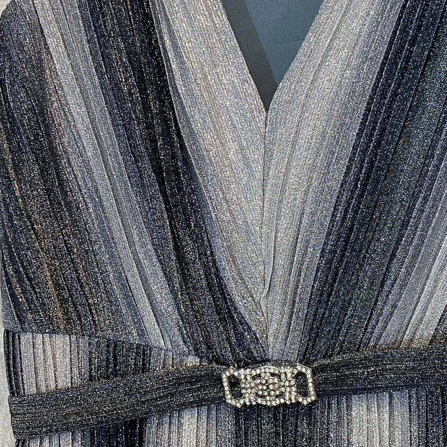 VINCE CAMUTO Women's Gunmetal Metallic Stripe Deep V-Neck Sleeveless Gown SZ 4