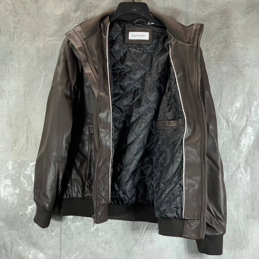 CALVIN KLEIN Men's Heritage Brown Faux-Leather Full-Zip Bomber Jacket SZ L