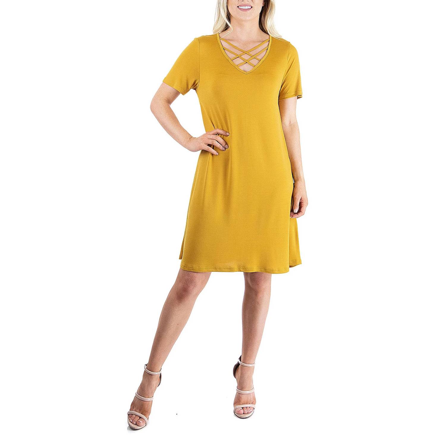 24SEVEN COMFORT APPAREL Mustard Criss Cross Neckline Short Sleeve T-Shirt Dress SZ L