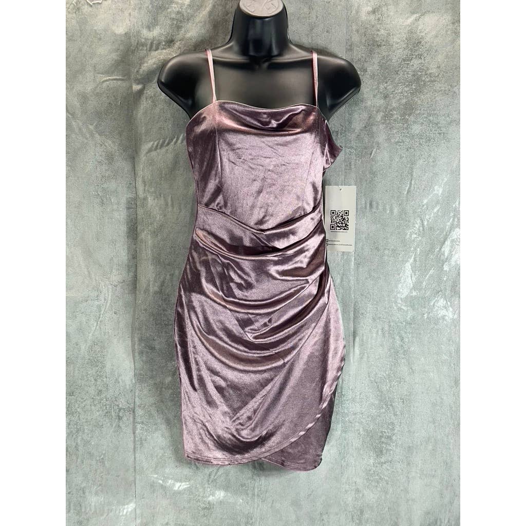 EMERALD SUNDAE Juniors' Purple Satin Ruched Asymmetrical Bodycon Mini Dress SZ S