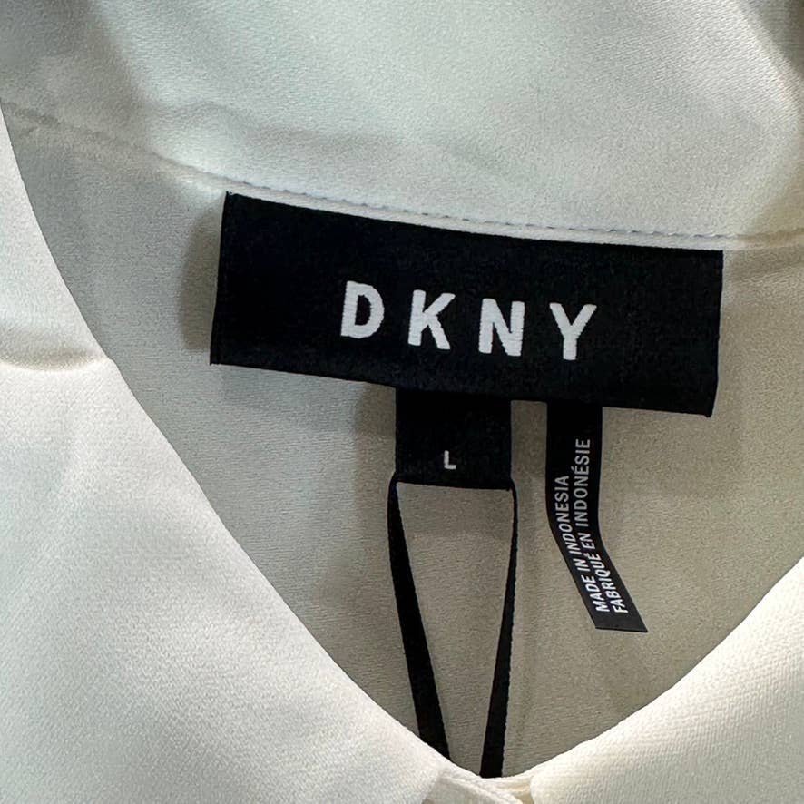 DKNY Women's Ivory Cuffed-Sleeve Hidden-Placket Top SZ L