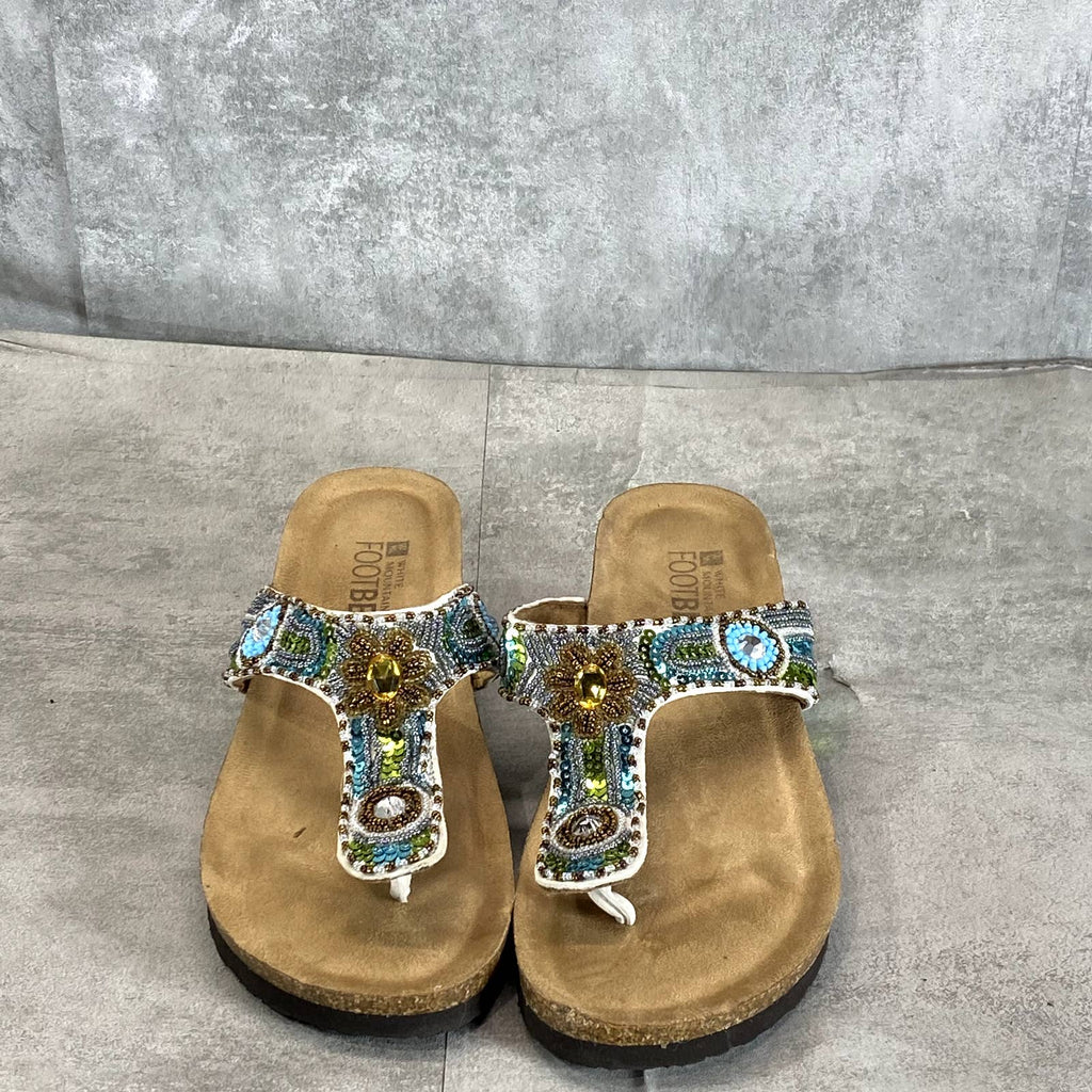 WHITE MOUNTAIN Women's Beige Beaded Bluejay Wedge Slip-On Thong Sandals SZ 6