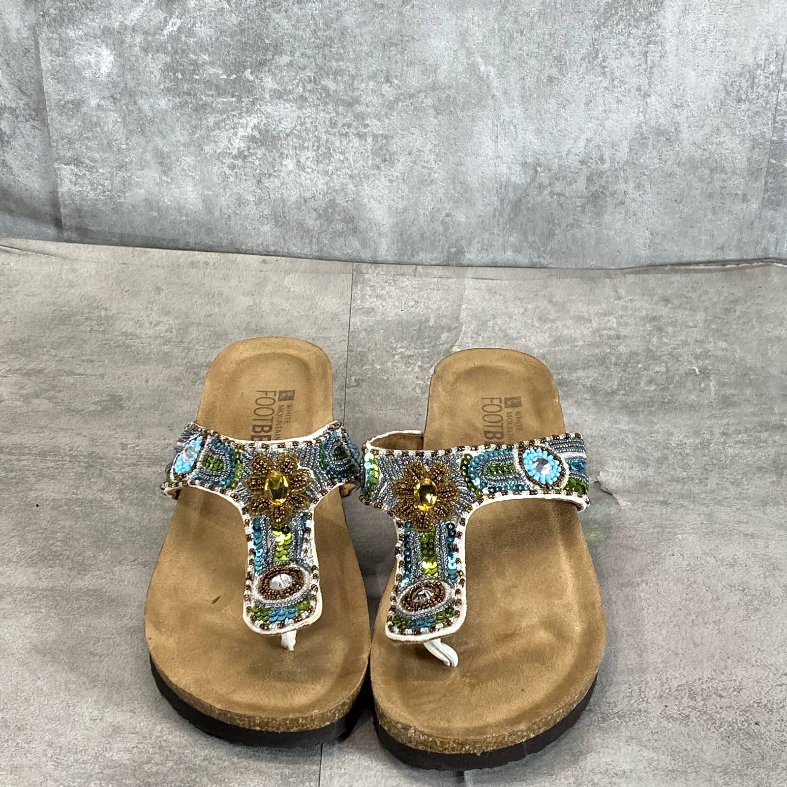 WHITE MOUNTAIN Women's Beige Beaded Bluejay Wedge Slip-On Thong Sandals SZ 6
