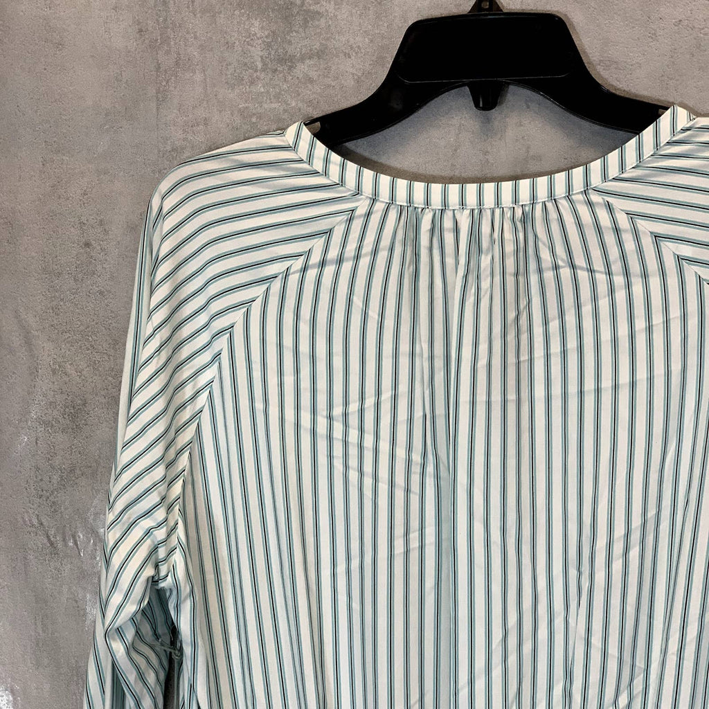 TART Collections Women's Green Stripe Sheila Smocked Waist Long Sleeve V-Neck Mini Dress SZ M