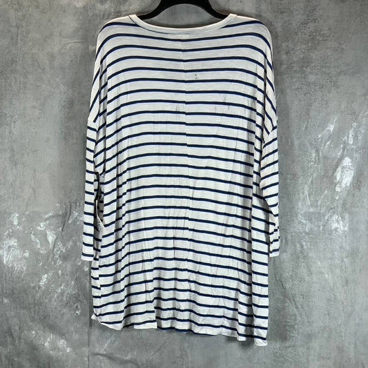 STYLE & CO Women's White-Blue Striped V-Neck Long Sleeve Top SZ L