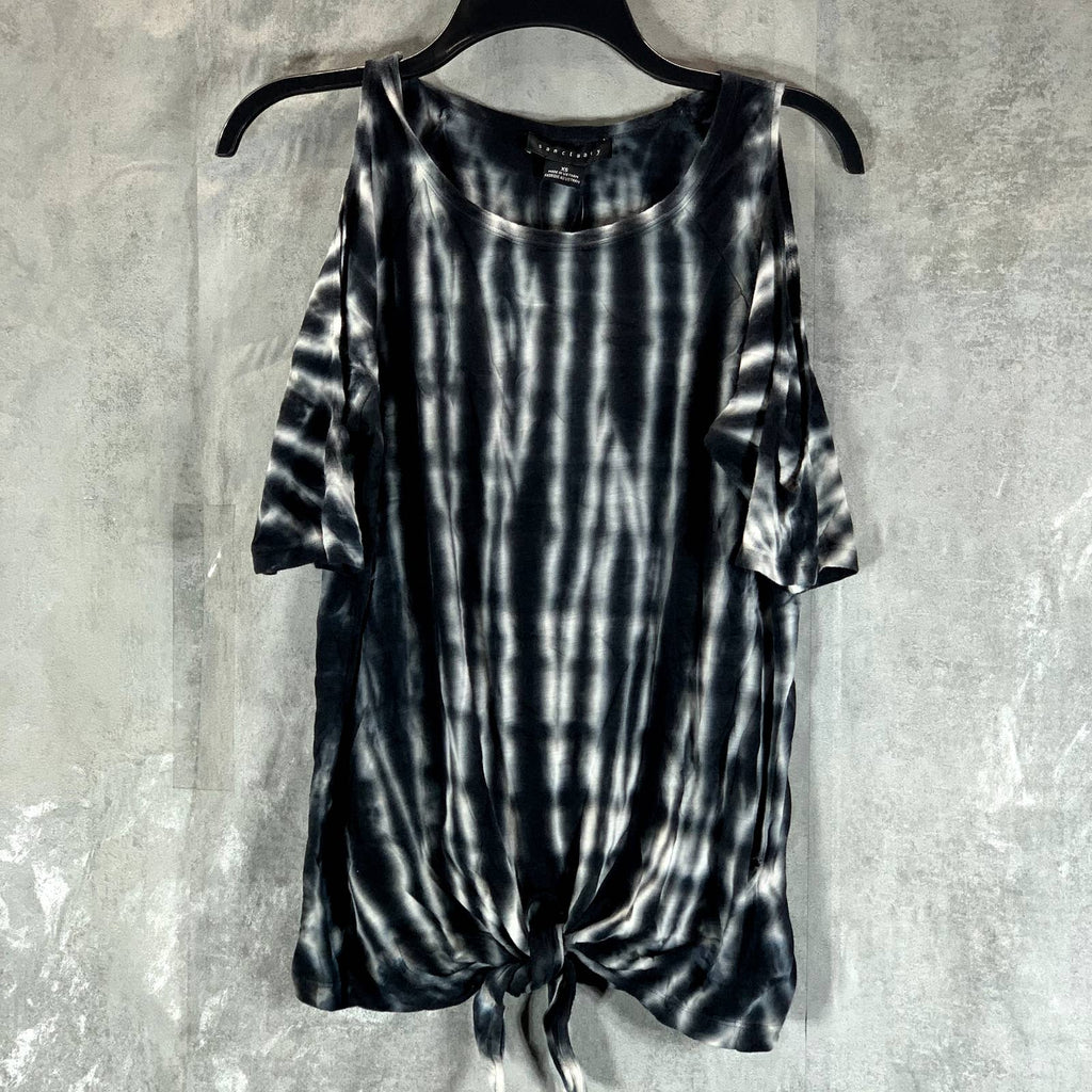 SACTUARY Women's Black-White Tie-Dye Cold-Shoulder Tie-Front Top SZ XS
