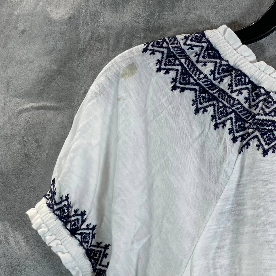 STYLE & CO Women's Bright White Embroidered-Trim Tie-Neck Short Sleeve Top SZ S