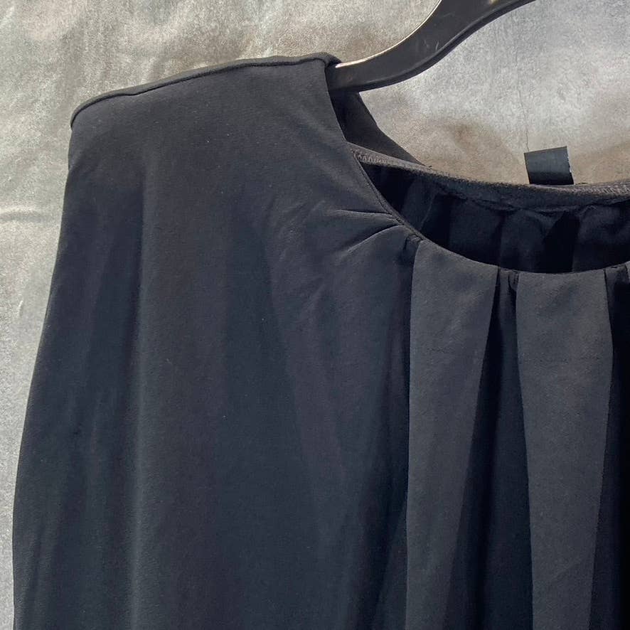 ALFANI Women's Deep Black Pleated Crewneck Cap-Sleeve Top SZ M