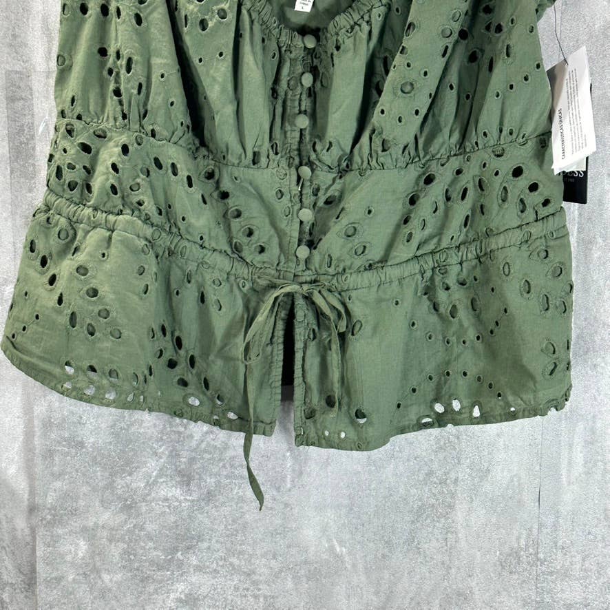 GUESS Women's Lichen Leaf Green Multi Larisen Cotton Eyelet Peplum Top SZ L