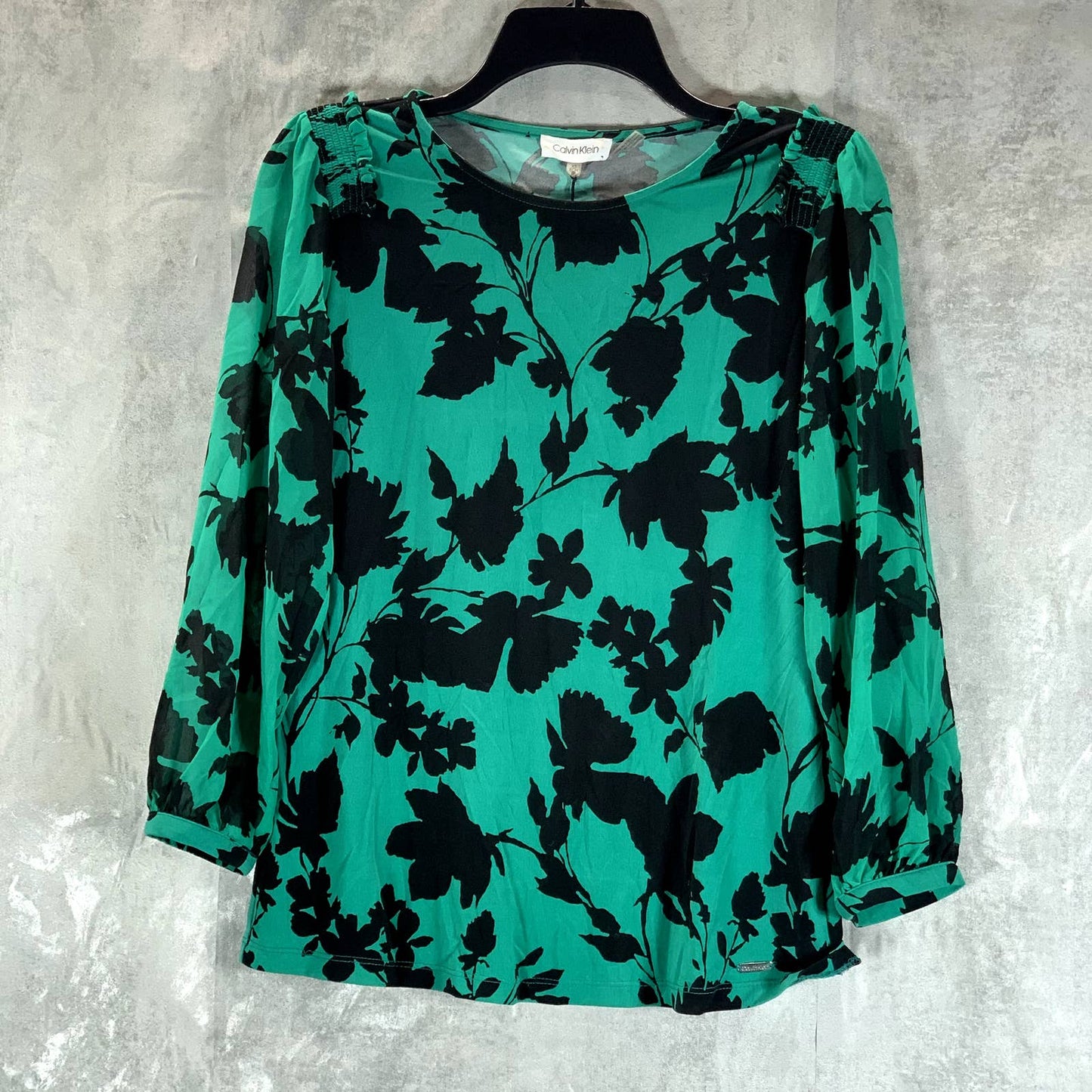 CALVIN KLEIN Women's Green-Black Printed Crewneck Sheer Long Sleeve Top SZ XS