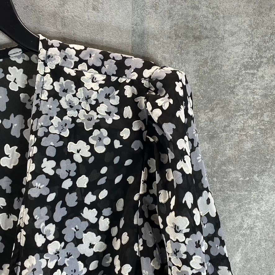 R&M RICHARDS Women's Plus Black-White Printed Tie-Front Flutter Sleeve Jacket