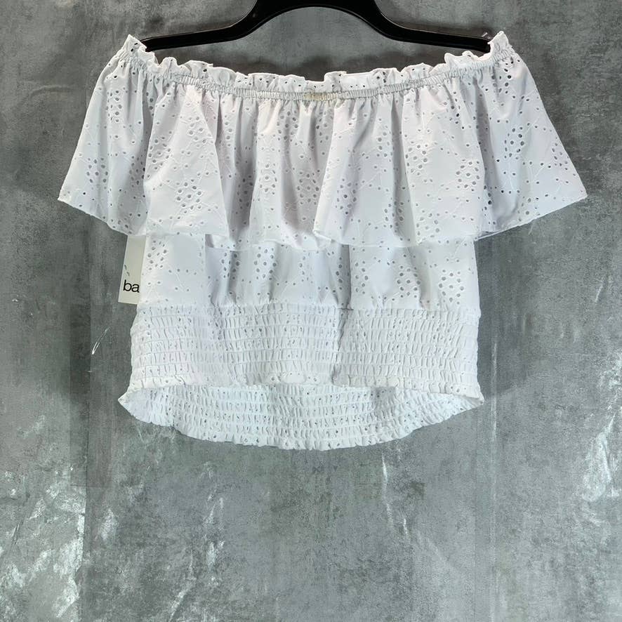 BAR III Women's Plus Bright White Off-The-Shoulder Eyelet Smocked Crop Top SZ 0X