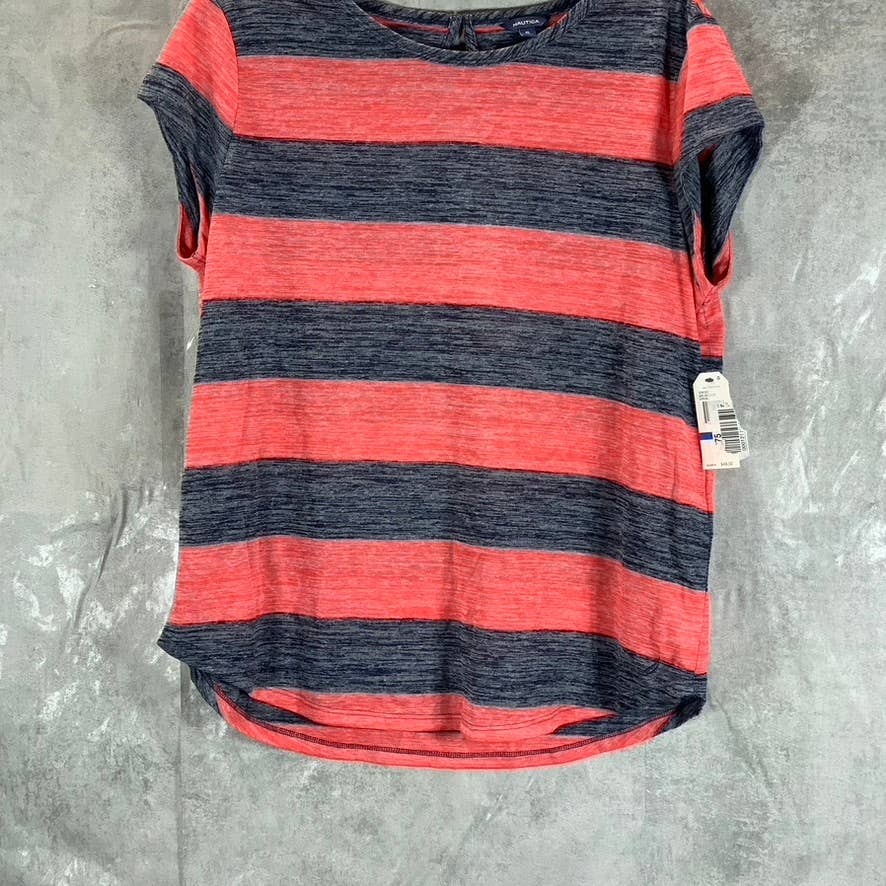 NAUTICA Women's Hibiscus Striped Scoop-Neck Short-Sleeve Keyhole Top SZ XL