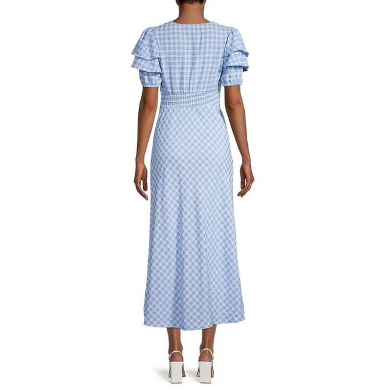 BETSEY JOHNSON Women's Placid Blue Gingham V-Neck Puff-Sleeve Snap Midi Shirt