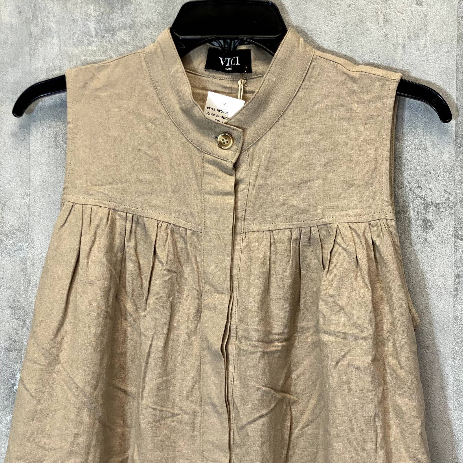 VICI Collection Women's Cappuccino Sleeveless Button-Up Babydoll Mini Dress SZ S