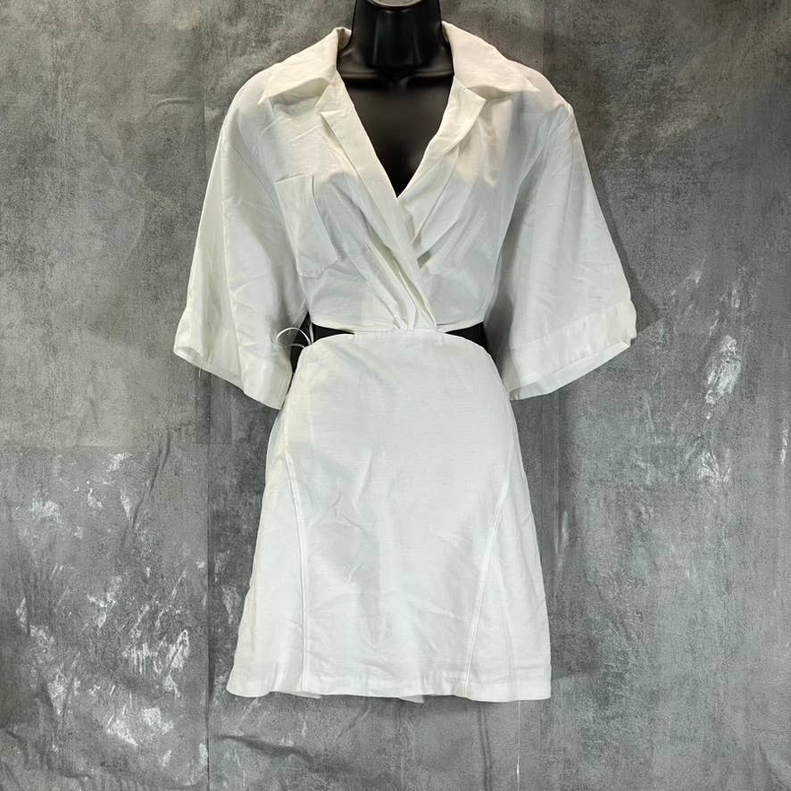 EN SAISON Women's Off White Cutout V-Neck Collared Linen Mini Dress SZ S